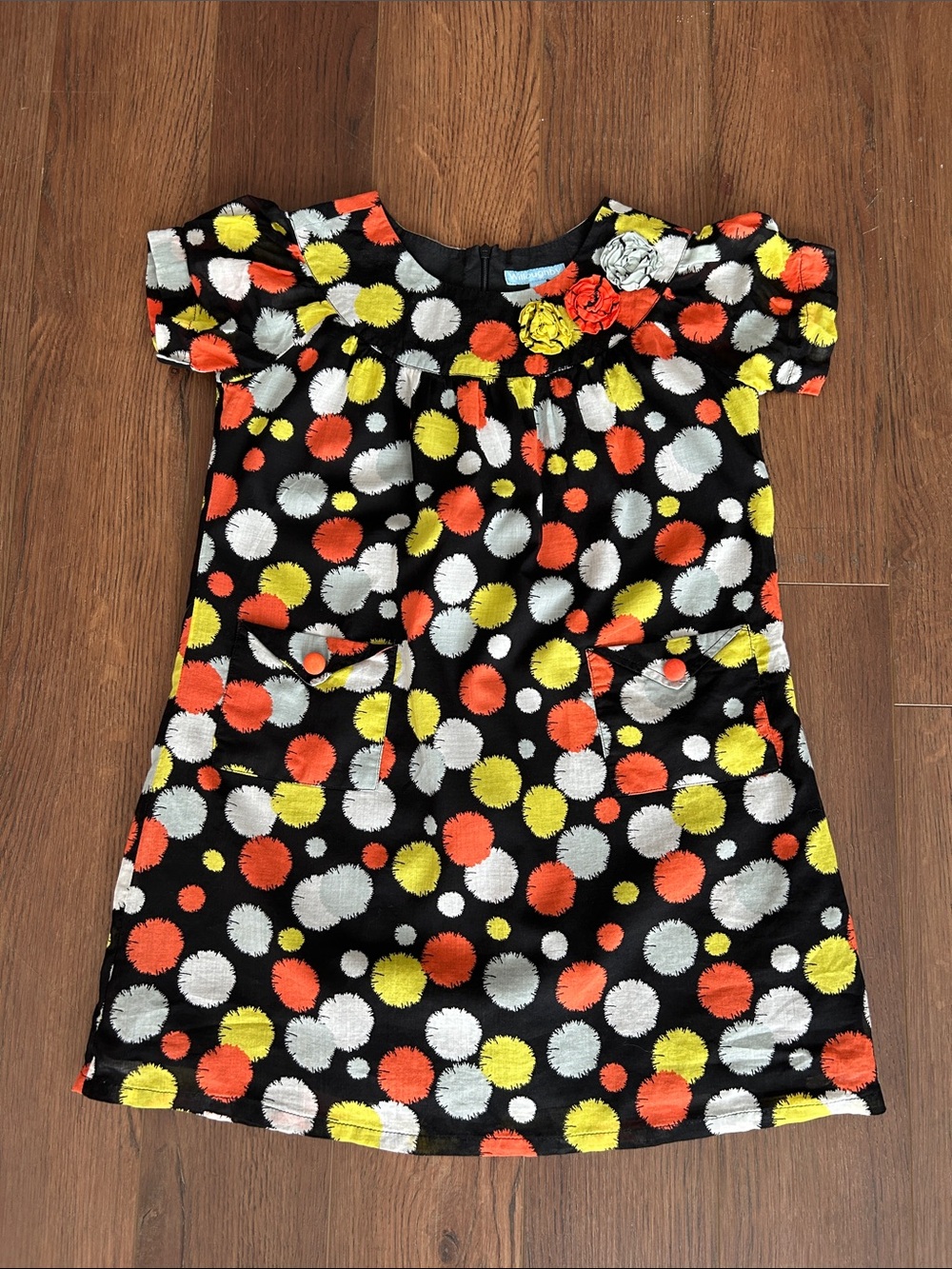 Girls' Black Polka Dot Casual Dress with Orange & Yellow Accents